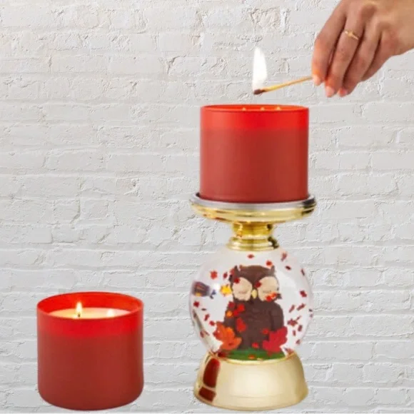 BBW Owl Globe Candle Stand Holder Snow-globe Fall Leaves Gold Lights Up Night - Picture 3 of 5